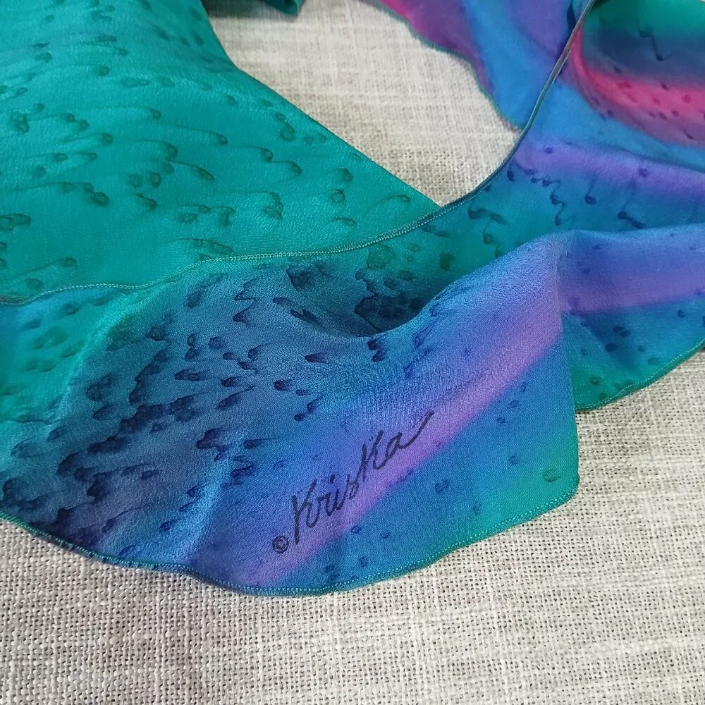 Kriska Swirl Scarf Hand Painted 100% Silk Teal Pink Purple and Blue - Picture 4 of 9